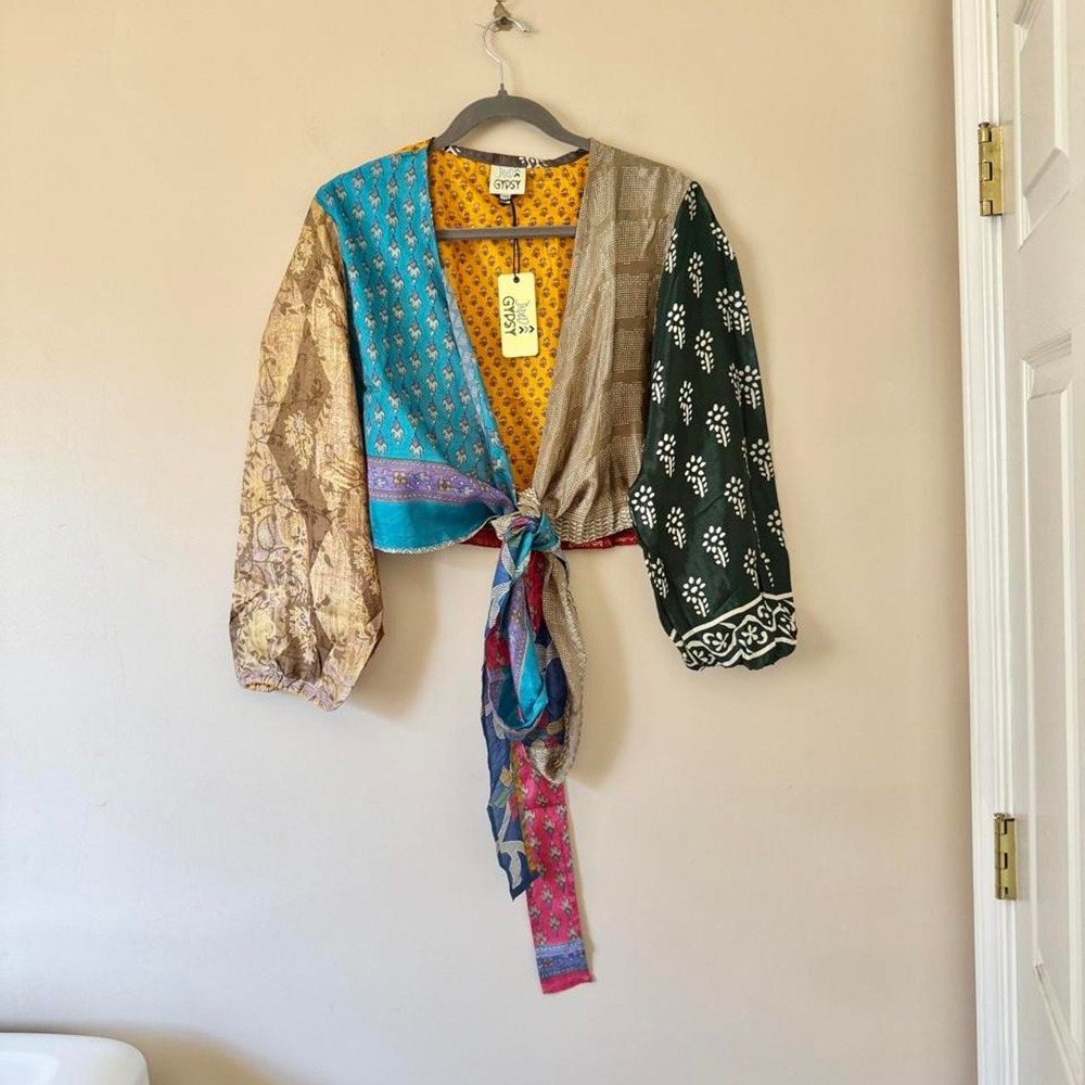 NWT Jaded Gypsy Patchwork Cropped Wrap Top blouse paisley kantha yellow